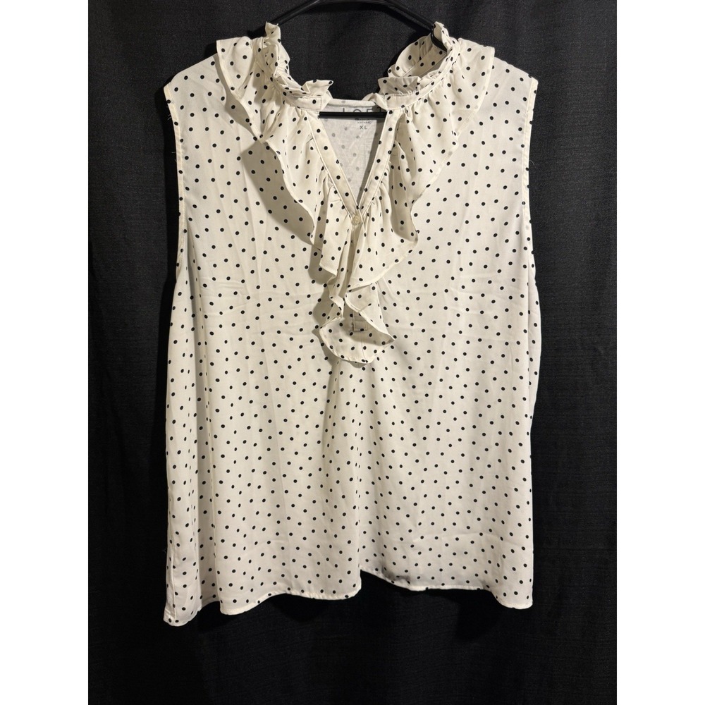 LOFT Womens XL Ivory Black Polka Dot Ruffle Neck Sleeveless Blouse Tie Front